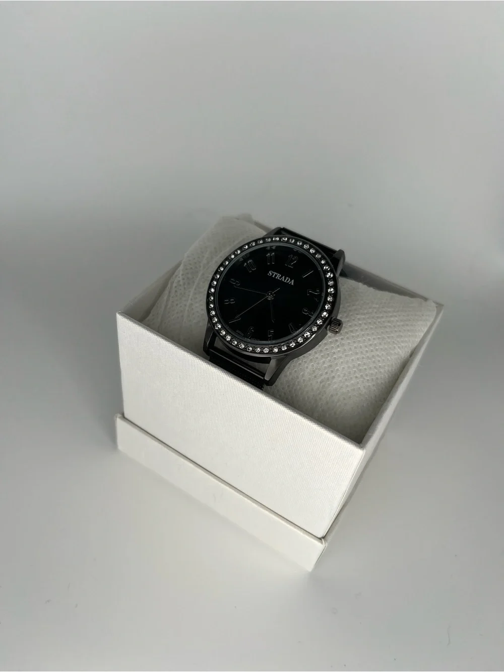 Strada Black Mesh Strap Watch with Crystal-Studded Bezel